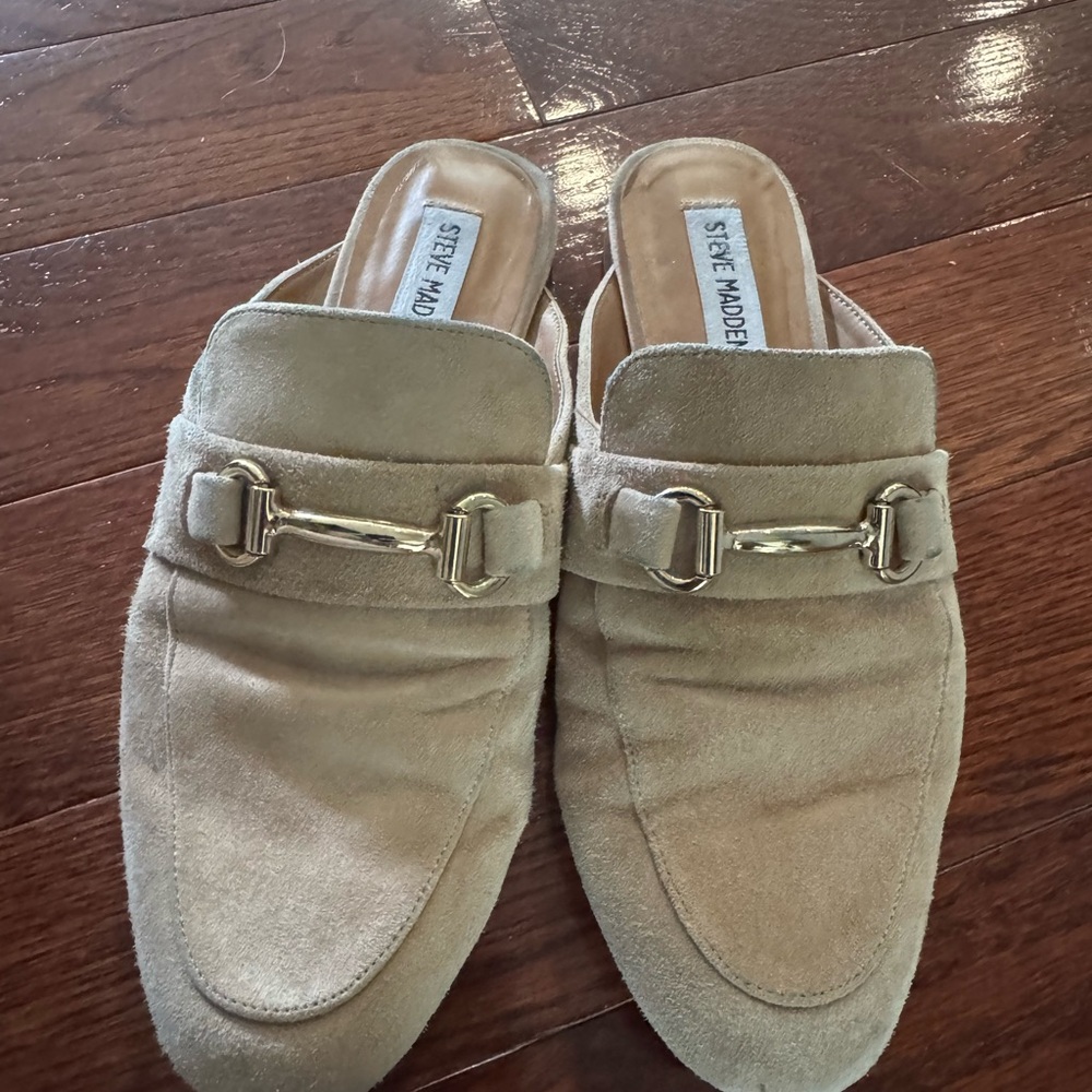 Steve Madden Beige Suede Mules with Gold Accent